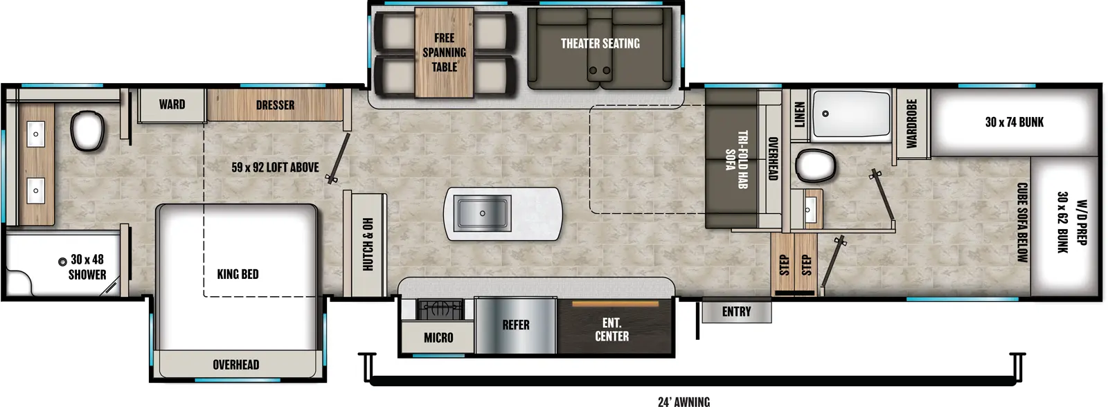 The Phoenix 370BAF floorplan has one entry and three slide outs. Exterior features include: fiberglass exterior and 24' awning. Interiors features include: bunk beds, loft, kitchen island, free-standing dinette option, rear bathroom and two full bathrooms.